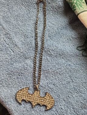 Rhinestone Batman Emblem Necklace - Gold Tone